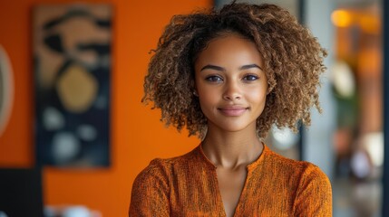 vibrant businesswoman radiates confidence and joy orange backdrop enhances her energetic presence modern professional portrait exudes positivity