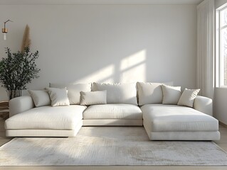 Cozy and Inviting Minimalist Living Room with Plush Sectional Sofa and Soft Lighting  Contemporary Scandinavian Design with Organic Materials and Subtle Textures