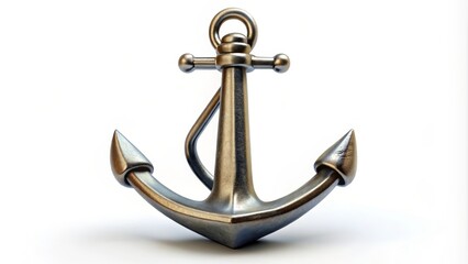 Shiny metal anchor is lying on a white background