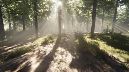 Obraz premium Enchanting Forest Sunrays - Serene Woodland Scenery