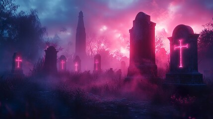 Fototapeta premium Neon altars glowing inside eerie dark cathedral with ornate designs pictures
