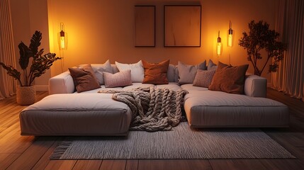 Cozy and inviting modern living room featuring a large comfortable sectional sofa minimalist and stylish decor plush throw pillows and knitted blankets warm amber lighting and a cinematic