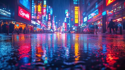 vibrant cityscape at night neon lights reflecting in rainsoaked streets blurred bokeh effects create an abstract dreamy atmosphere puddles mirror colorful signs