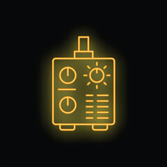 Yellow glowing neon icon of an inverter welding machine with a control panel, knobs, and display