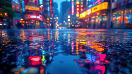 vibrant cityscape at night neon lights reflecting in rainsoaked streets blurred bokeh effects create an abstract dreamy atmosphere puddles mirror colorful signs