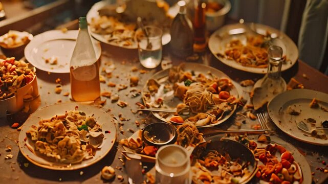 A close-up view of a table with dirty dishes and leftover food, A visual representation of spoiled meals left uneaten on a table