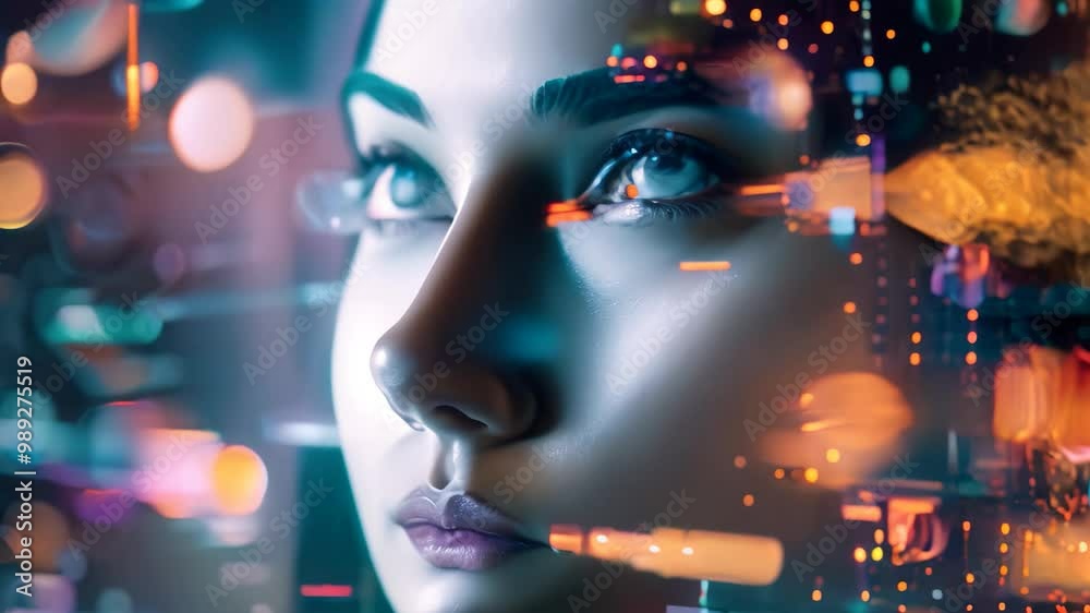 Poster a face obscured by digital data and glowing lights, creating an abstract representation of ai, a vis