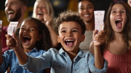 Obraz premium A joyful group of children and adults excitedly hold up tickets, celebrating a special event with smiles and laughter.