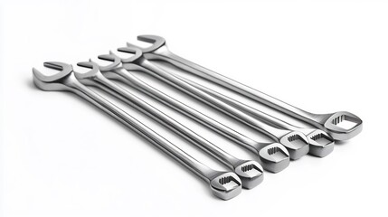 Futuristic Allen key set smart selfadjusting tips adapt various bolt sizes fully visible neatly arranged white plain background emphasizing their versatility innovative design future mechanical work