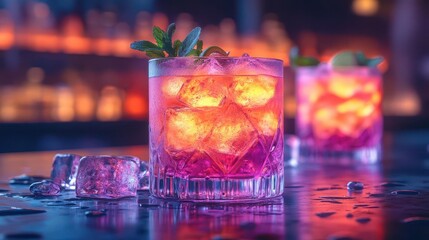vibrant cocktail bar scene neonlit glasses with colorful drinks ice cubes garnishes reflective bar top blurred nightclub background atmospheric lighting