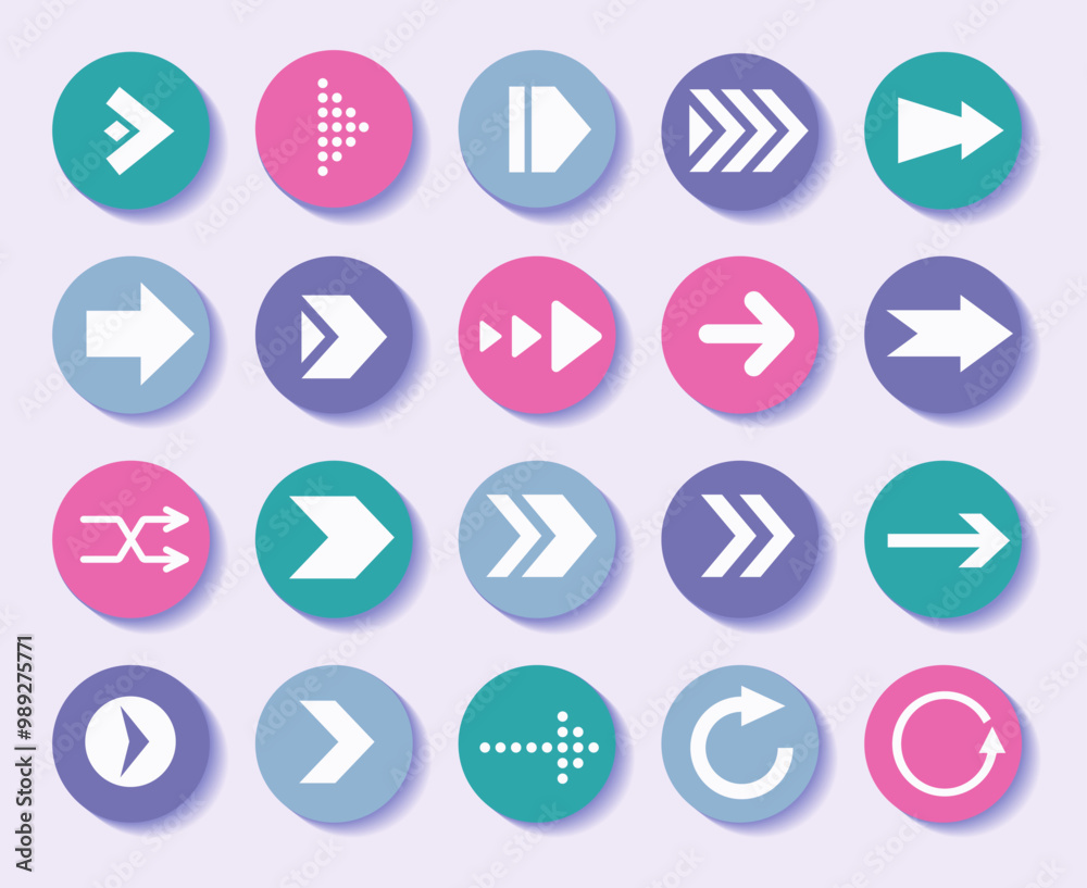 Poster Arrow signs. Next up. Back or right icon for website UI. Cursor button. Left pointer. Previous spot. Webpage signpost. Circle navigation pin. Direction symbol. Vector round pictograms set