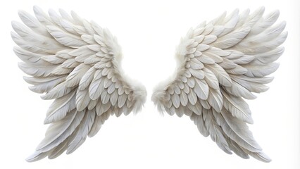Majestic pair of white angel wings spreading on white background, symbolizing purity, grace, and spiritual ascension
