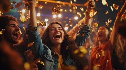 Obraz premium A joyful crowd celebrates with laughter and confetti, capturing the essence of fun and excitement at a vibrant event.