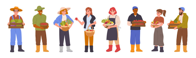 Farmers with harvest. Male and female agricultural characters carrying baskets and boxes with fresh fruits and vegetables flat vector illustration set. Cartoon farm workers with harvesting crop