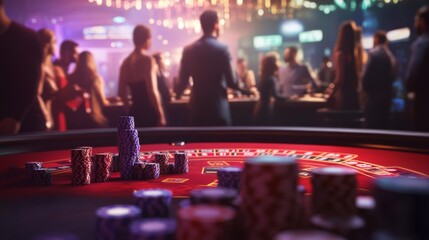 A vibrant casino scene with players at tables, colorful poker chips in focus, set against a lively background filled with lights and excitement.