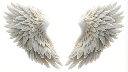 Fototapeta premium Majestic pair of white angel wings spreading on white background, symbolizing purity, grace, and spiritual ascension