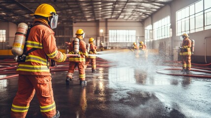 Obraz premium Firefighters Battling Blaze in Warehouse: Heroic Response in Action
