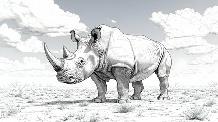 Rhino Illustration in Black and White - African Wildlife