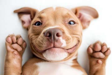 happy baby pitbull dog isolated on white background; smiling funny puppy laying on his back with his paws up
