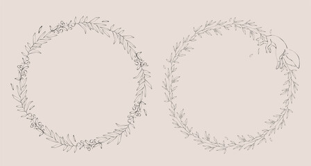 Line art hand drawn floral frames with flowers, branch and cute fox. Elegant logo template. Decoration for greeting card, wedding invitation, save the date. 