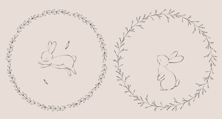 Line art hand drawn floral frames with flowers and cute bunny. Elegant logo template. Decoration for greeting card, wedding invitation, save the date. 