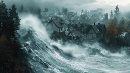 Fototapeta premium Surreal storm surge engulfing coastal village
