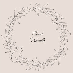 Line art hand drawn floral wreath with flowers, branch and cute squirrel. Elegant logo template. Decoration for greeting card, wedding invitation, save the date. 