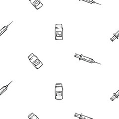 Simple black and white seamless pattern with vaccine and syringe icon. Editable vector background related to diseases, flu, coronavirus, epidemic and quarantine