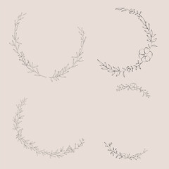 Obraz premium Line art hand drawn floral frames with flowers, branch and leaves. Elegant logo template. Decoration for greeting card, wedding invitation, save the date. 
