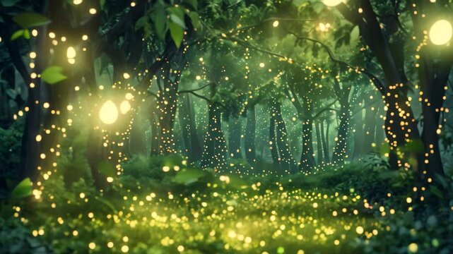A magical forest clearing filled with fireflies, glowing trees, and soft green foliage, A whimsical forest clearing with twinkling fireflies
