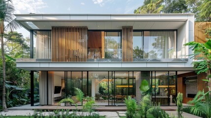 Fototapeta premium Modern House with Glass Walls and Wooden Accents
