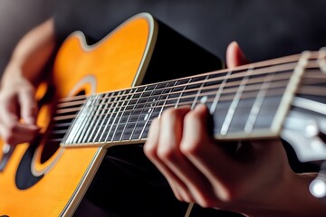 Fototapeta premium A close-up of guitar strings, with fingers gently plucking and strumming as music fills the air