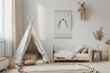 Cozy children s bedroom with a play tent and wooden furniture in soft neutral tones
