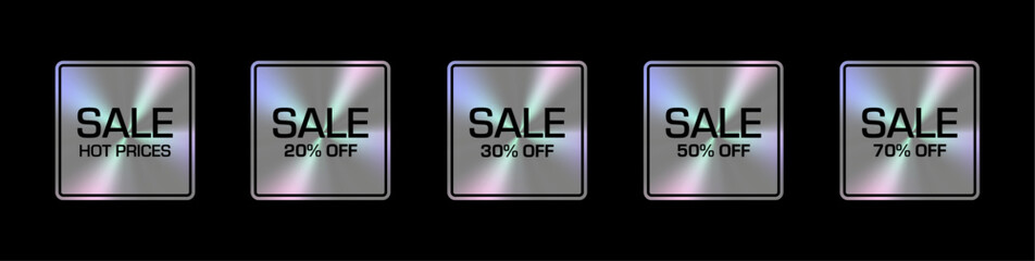 Holographic rectangle stickers with a metallic sheen showcasing various promotional messages: Sale hot prices, 20%, 30%, 50%, 70% OFF. The hologram tags have distinct shapes and vibrant reflect.	