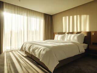 Serene modern bedroom with soft sunlight streaming in