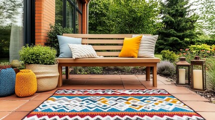 Small patio with a simple wooden bench, a colorful outdoor rug, and lanterns