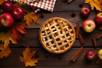 Autumn Apple Pie on Wooden Table, Top View