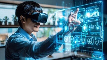 People Using VR Headsets with Futuristic Digital Holograms