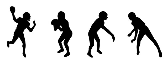 American football sport silhouette. Set, Various different poses, Isolated white background, Vector illustration.