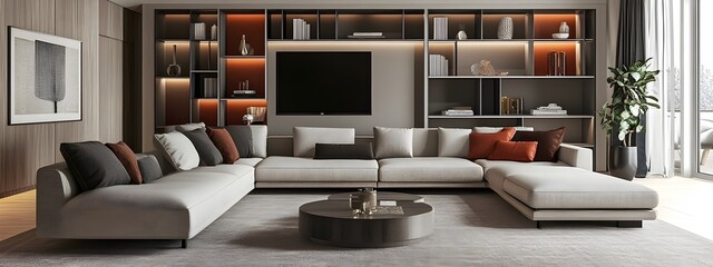 Fototapeta premium Stylish and contemporary 3D rendered living room with a modular sectional sofa sleek built in shelving and pops of vibrant color resulting in a visually striking and harmonious living space