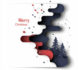 Dark blue and red christmas winter composition. Christmas greeting card design in paper cut style.