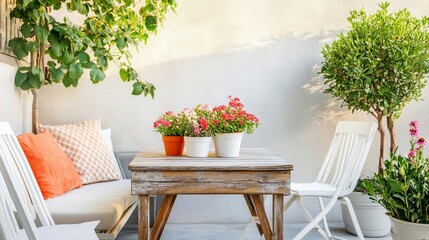 Fototapeta premium Small patio with a weathered wood table, white chairs, and a few flowering pots