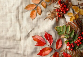 Autumn Leaves and Berries on Linen Fabric