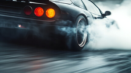 A close-up of a sports cars rear tires burning rubber as it initiates a drift.