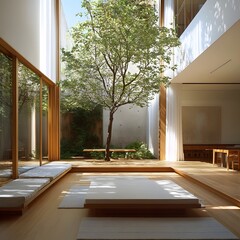 Tranquil and serene modern home courtyard design featuring natural elements such as a tree plants and wood accents in a minimalist light filled architectural interior