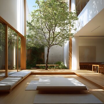 Tranquil and serene modern home courtyard design featuring natural elements such as a tree plants and wood accents in a minimalist light filled architectural interior