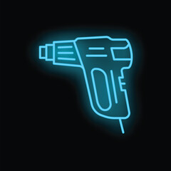 Blue neon icon of an electric heat gun glowing on a black background