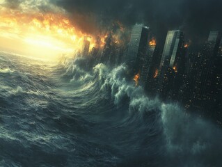 Catastrophic tsunami engulfing a burning cityscape