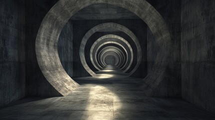 A computer-generated image of a dark, shadowy tunnel made of concrete. The tunnel has unique lighting effects.