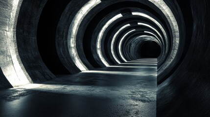 A computer-generated image of a dark, shadowy tunnel made of concrete. The tunnel has unique lighting effects.